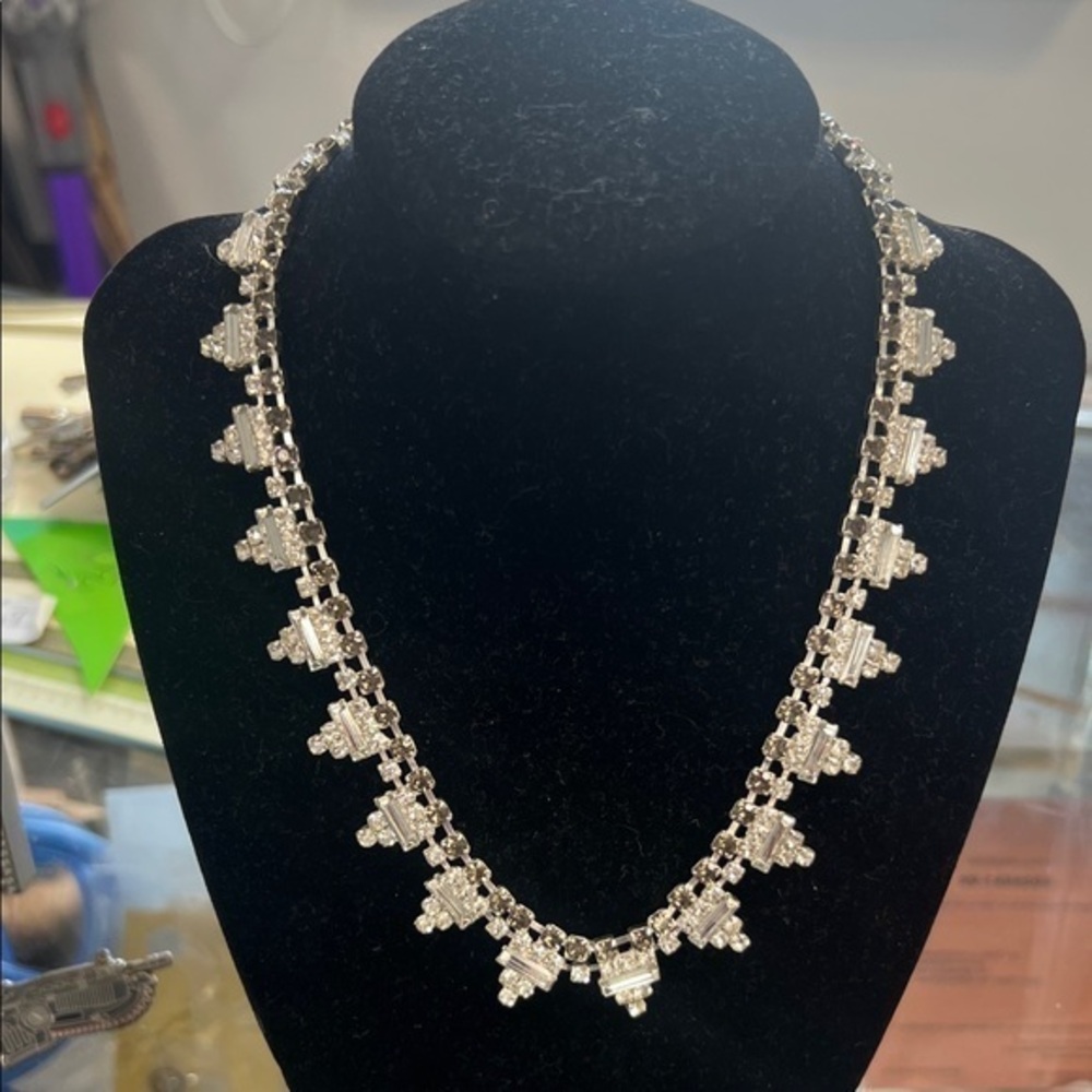 Vintage Art Deco Style Square Rectangle Triangle Clear Smoke Rhinestone Necklace